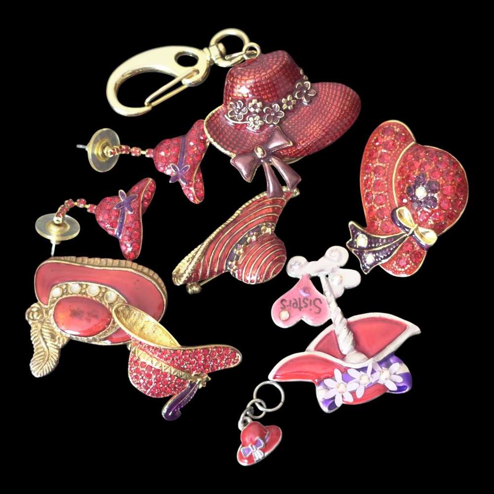 Red Hat Society Jewelry Lot 8 Pc Brooches Earrings Watch RHS Feminine